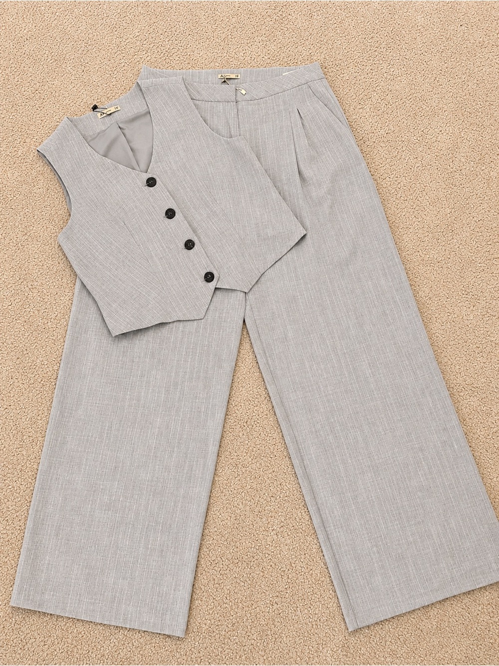 Light Gray Wide-Leg Trousers with Matching Vest